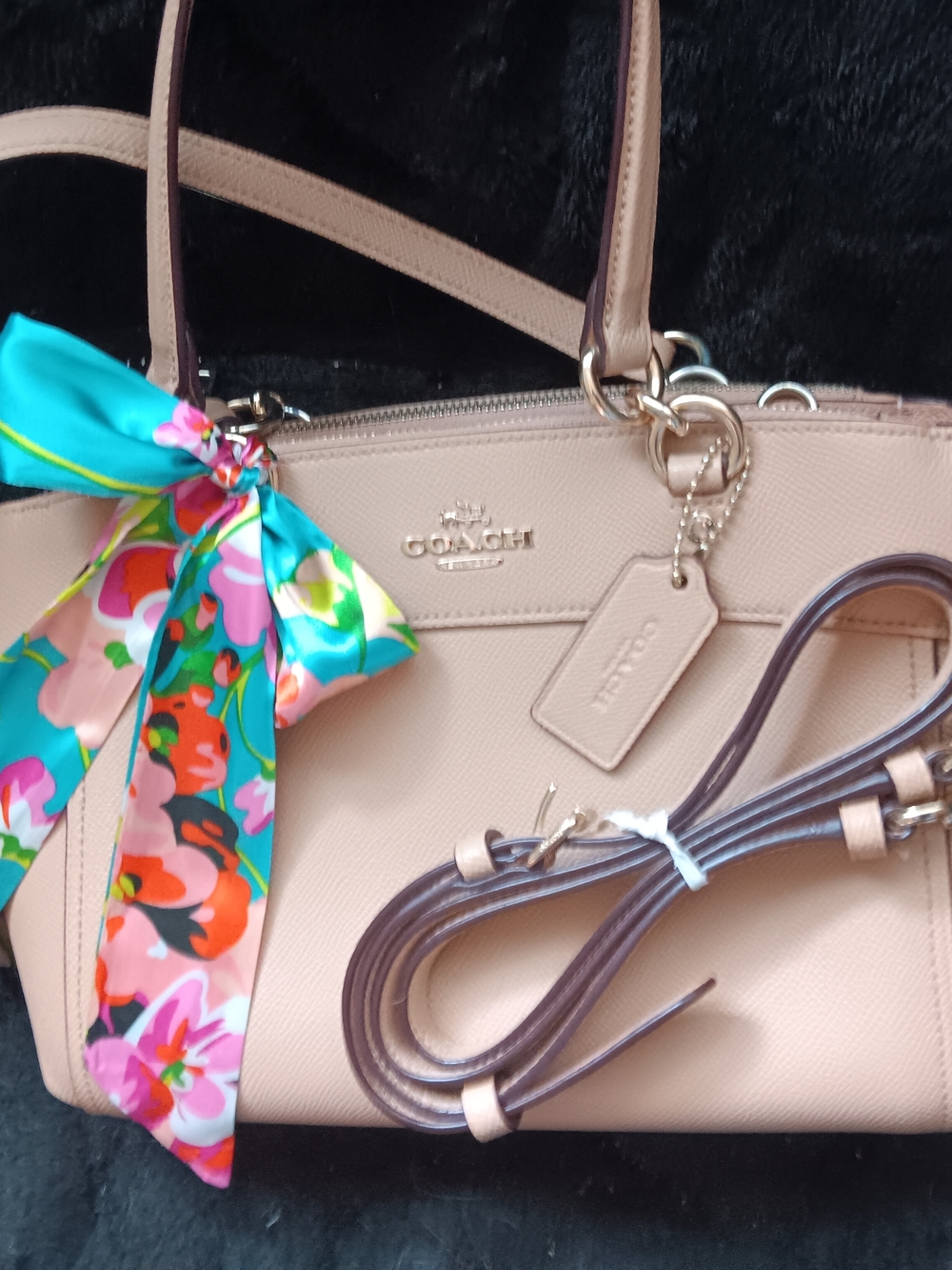 Coach Blush Pink Leather Shoulder Tote with Floral Scarf Accent - Picture 3 of 5